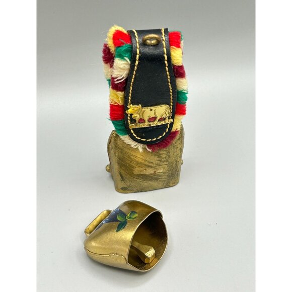 Vintage Primitive Brass Cowbells One with Leather Straps One Hand Painted - Picture 2 of 8